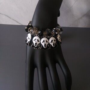 Gothic Ghost Face Charm Bracelet & Black Beads Adjustable Horror Jewelry